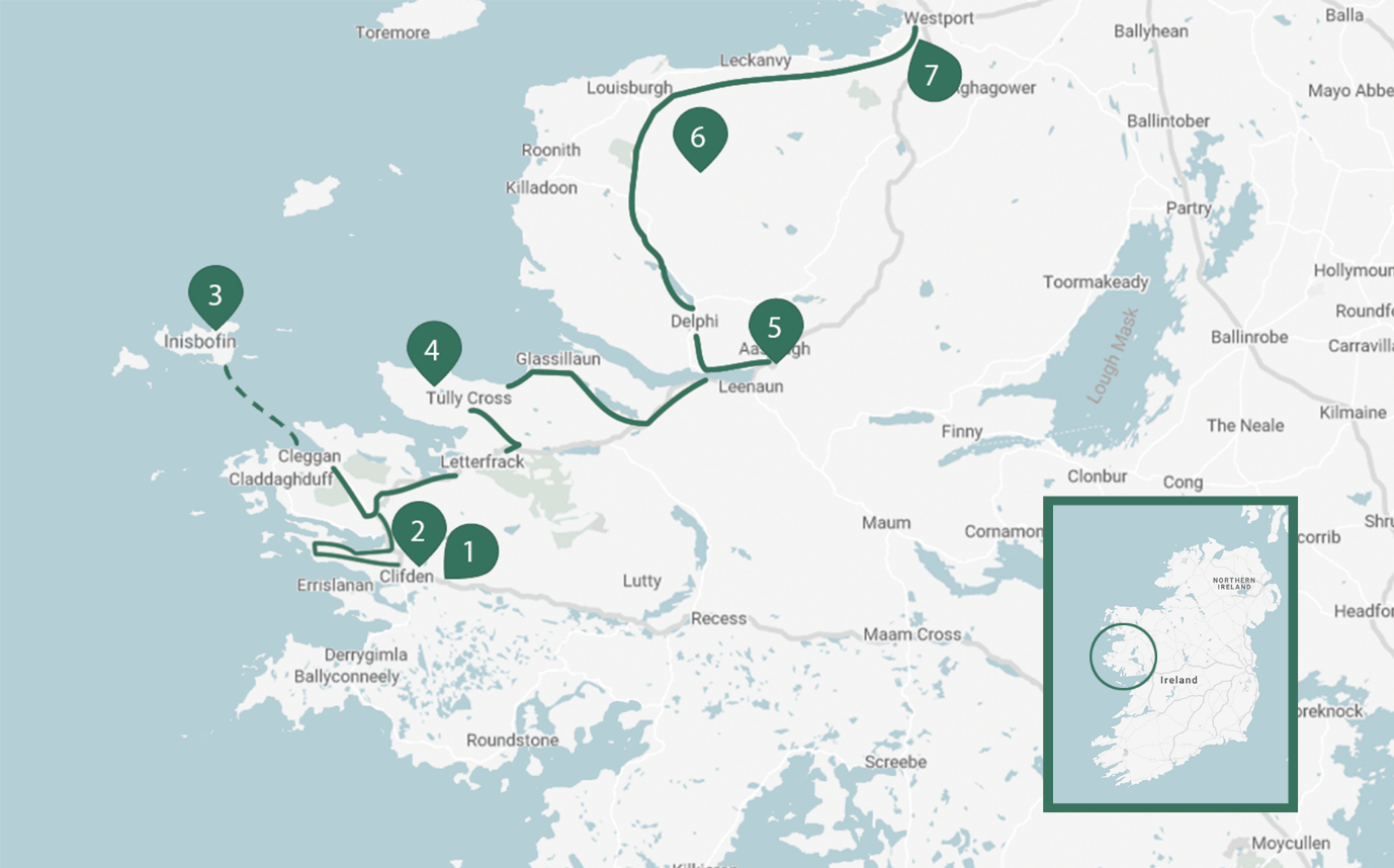 Map with route markers for a self-guided walking holiday in Connemara