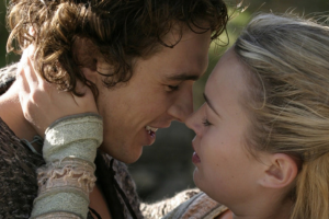 Close-up of two characters in an intimate scene from Tristan and Isolde filmed in Connemara